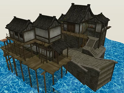 Ancient Chinese Architecture Featuring Black Tile Roofs Wooden Structure Over Water With Platforms And Stairs 3d model