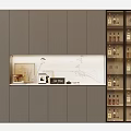 Modern Wine Cabinet With Gray Cabinets And Marble Backsplash Holding Wine Bottles And Glassware