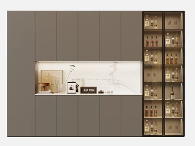 Modern Wine Cabinet With Gray Cabinets And Marble Backsplash Holding Wine Bottles And Glassware 3d model