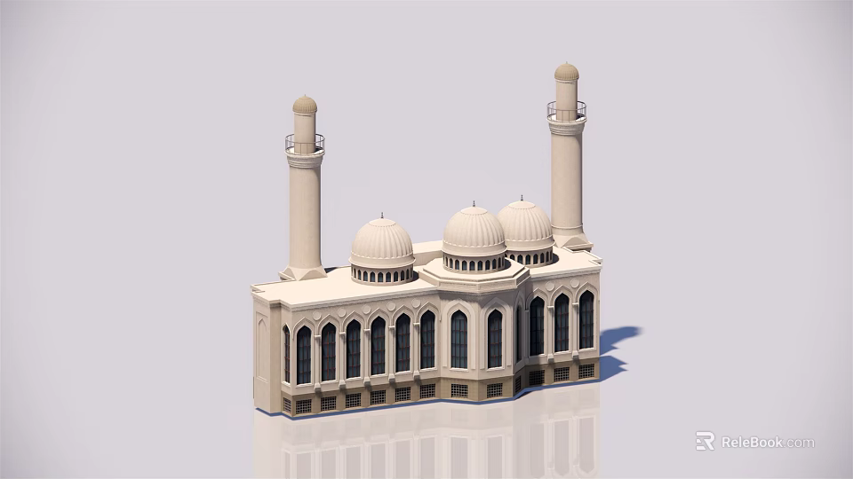 Traditional Light Colored Mosque Building With Three Domes Two Minarets And Arched Windows 3d model 