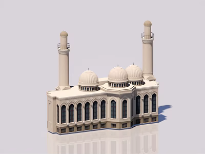 Traditional Light Colored Mosque Building With Three Domes Two Minarets And Arched Windows 3d model