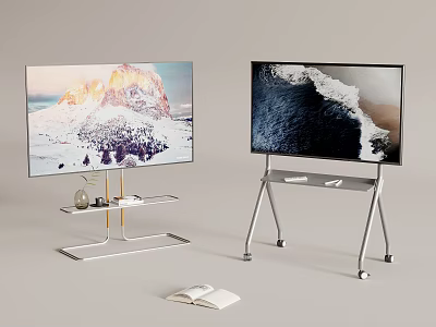Two Modern Televisions on Metal Stands with Shelves Displaying Mountain and Ocean Scenic Views 3d model
