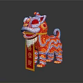Chinese Lion Dance Statue With Red Gold Patterns And Decorative Banner