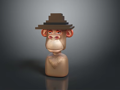 Cartoon Monkey Head Wearing Brown Hat With Dark Background And Reflection 3d model