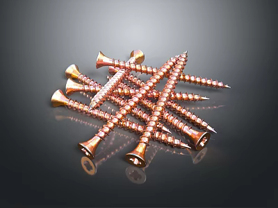 Pile of Shiny Copper Screws with Smooth Surface on Dark Reflective Background 3d model