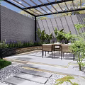 Serene Courtyard Garden With Stone Wall Rockery Stones Pergola And Green Plants