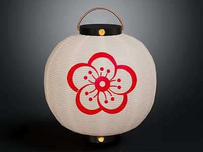 Traditional Round Furniture Lantern With White Paper And Red Plum Blossom Pattern 3d model