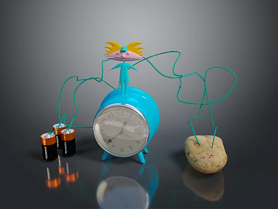 Round Blue Alarm Clock With Black AA Batteries On Reflective Surface For Daily Use 3d model