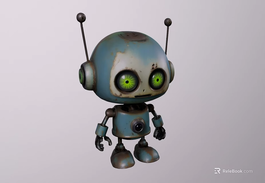 Vintage Blue Cartoon Robot Sculpture With Green Eyes Metallic Body And Antenna 3d model