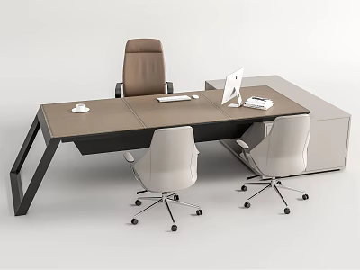 Modern Office Desk With Ergonomic Chairs Computer And Essential Office Supplies 3d model