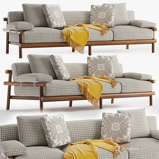 Modern Sectional Sofa With Patterned Fabric Wooden Frame And Yellow Throw Blanket 3d model