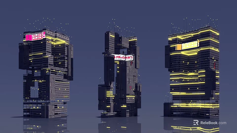 Futuristic Architecture Featuring Tall Modern Buildings With Neon Lighting And Reflective Surfaces 3d model 
