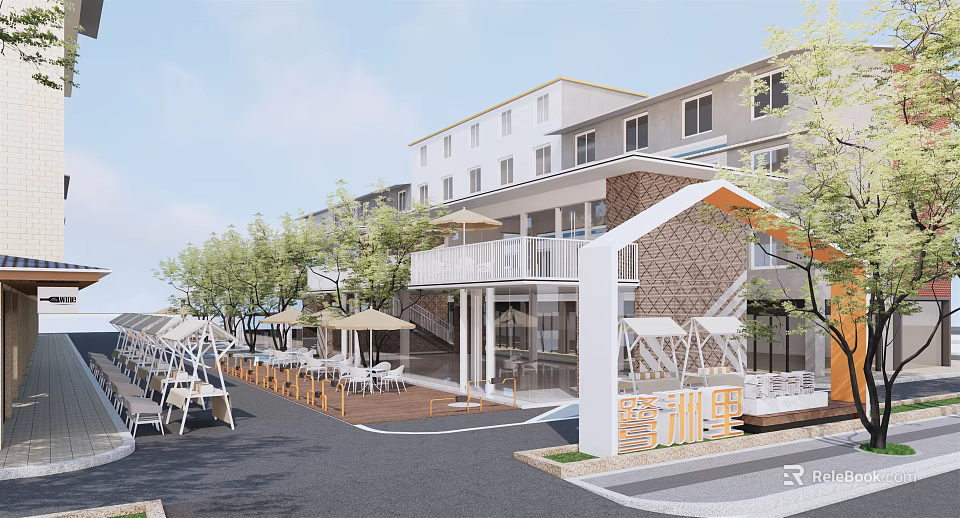 Modern Commercial Street Featuring Multi Story Buildings Outdoor Seating Trees And Terraces 3d model 