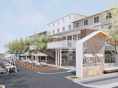 Modern Commercial Street Featuring Multi Story Buildings Outdoor Seating Trees And Terraces 3d model