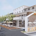 Modern Commercial Street Featuring Multi Story Buildings Outdoor Seating Trees And Terraces
