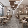 Elegant Modern Chinese Restaurant Interior With Hanging Lamps Round Mirrors And Wooden Tables