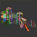 Playground Building Components Including Yellow Slides Blue Towers And Climbing Nets