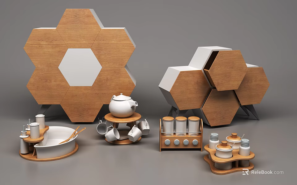 Spice Jars Organized in Wooden Hexagonal Kitchen Rack with Tea Containers and Cups 3d model 