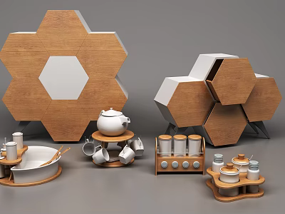 Spice Jars Organized in Wooden Hexagonal Kitchen Rack with Tea Containers and Cups 3d model