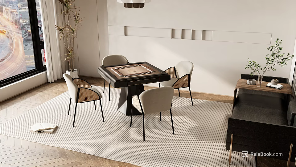 Stylish Modern Game Table With Comfortable Chairs On Striped Rug In Bright Indoor Space 3d model 