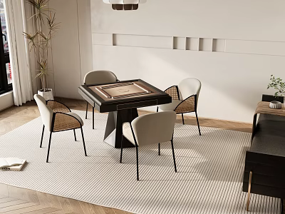 Stylish Modern Game Table With Comfortable Chairs On Striped Rug In Bright Indoor Space 3d model