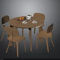 Round Wooden Dining Table Set With Four Matching Chairs And Tableware 3d model