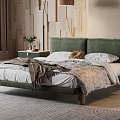 Green Velvet Double Bed with Wooden Legs Nightstand Floor Lamp and Wooden Textured Wall