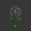 Green Decorative Shield with Intricate Patterns Gold Accents and Purple Gemstone Design