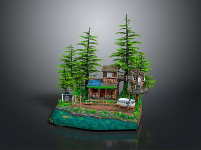 Natural Scenery with Pine Trees Small Wooden Houses White Car and Water Area 3d model