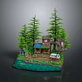 Natural Scenery with Pine Trees Small Wooden Houses White Car and Water Area