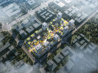 Modern Commercial Complex With Central Plaza Green Spaces And Multiple Buildings Design 3d model