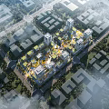 Modern Commercial Complex With Central Plaza Green Spaces And Multiple Buildings Design