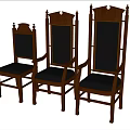 Elegant Wooden Frame Leisure Chairs With Black Leather Seats And Decorative Carved Backrests