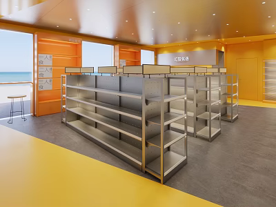 Modern Supermarket Department Store Interior With Metal Shelves Yellow Floor And Gray Area 3d model