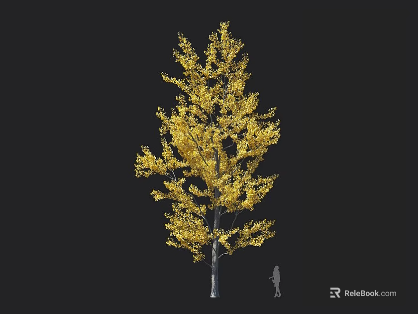 Tall Golden Tree With Lush Golden Leaves And White Trunk Near Human Figure 3d model 