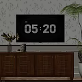 Wooden TV Stand With Geometric Doors TV Vase Decor Light Floral Wallpaper And Green Plant