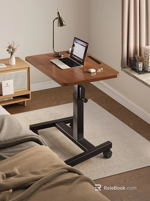 Mobile Wooden Top Side Table with Black Frame and Laptop Mouse on Living Room Rug 3d model 