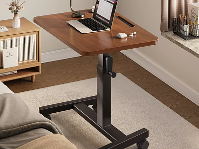 Mobile Wooden Top Side Table with Black Frame and Laptop Mouse on Living Room Rug 3d model