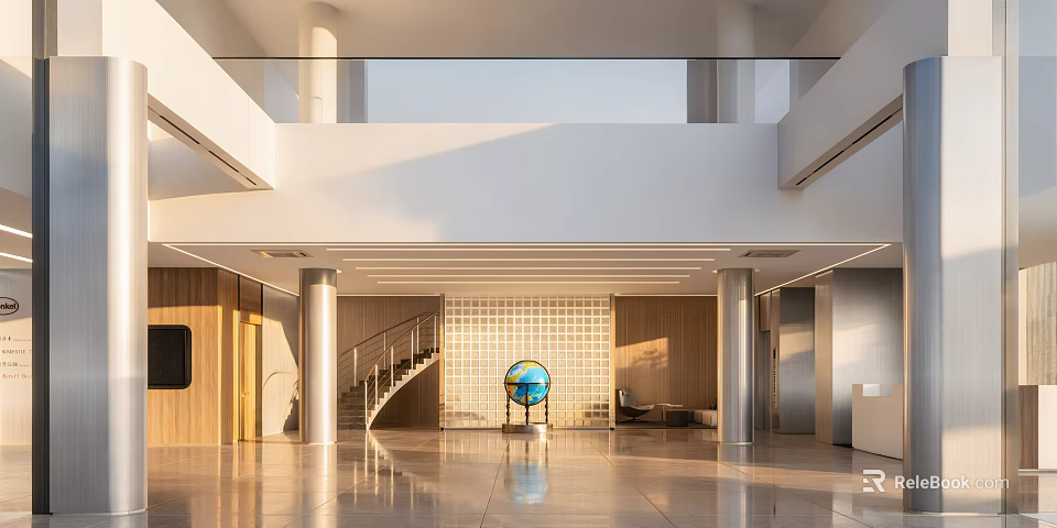 Bright Modern Office Reception Lobby With Polished Floor Warm Sunlight And Elegant Minimalist Interior Design 3d model 