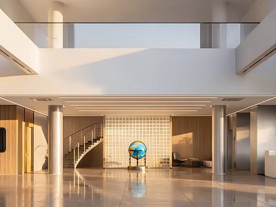 Bright Modern Office Reception Lobby With Polished Floor Warm Sunlight And Elegant Minimalist Interior Design 3d model