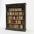 Classic Wooden Bookcase with Intricate Carved Details and Multiple Shelves Filled with Books