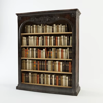 Classic Wooden Bookcase with Intricate Carved Details and Multiple Shelves Filled with Books 3d model