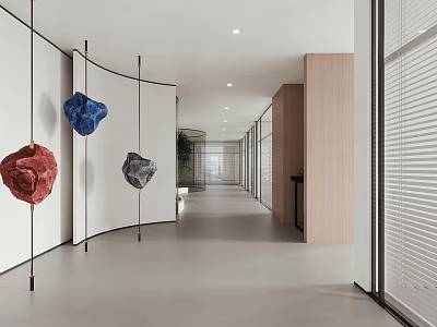 Long Minimalist Office Hallway With White Walls Wooden Partitions And Hanging Colorful Stone Decorations 3d model