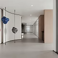 Long Minimalist Office Hallway With White Walls Wooden Partitions And Hanging Colorful Stone Decorations
