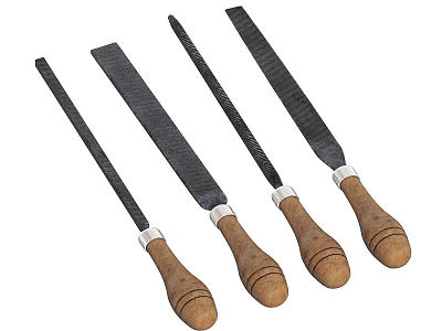 Hardware Tools Set of Four Metal Files with Wooden Handles for DIY Projects 3d model