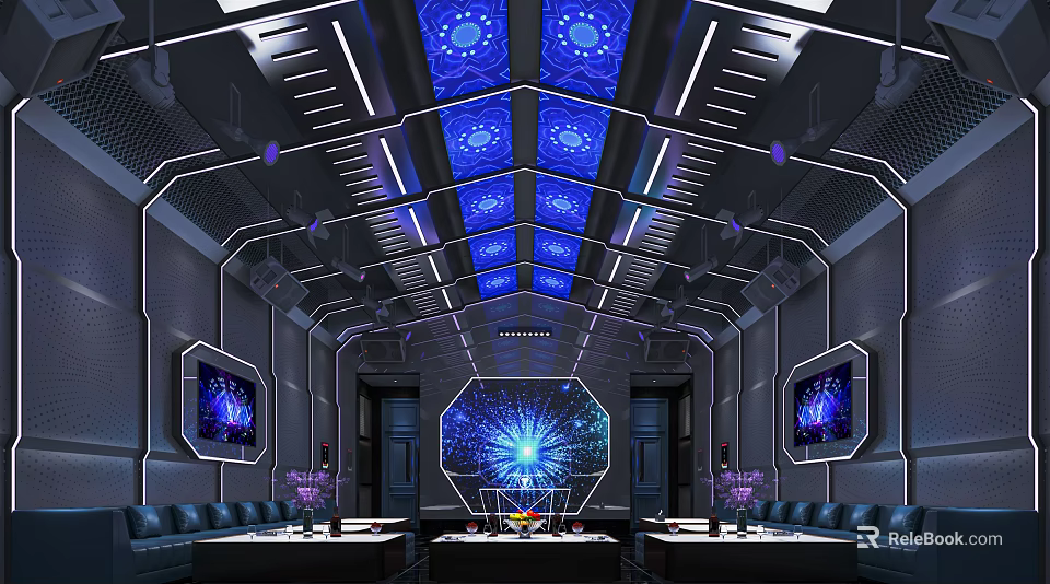 Modern Tech KTV Interior Design With Blue Lighting Ceiling Screens And Sofas 3d model
