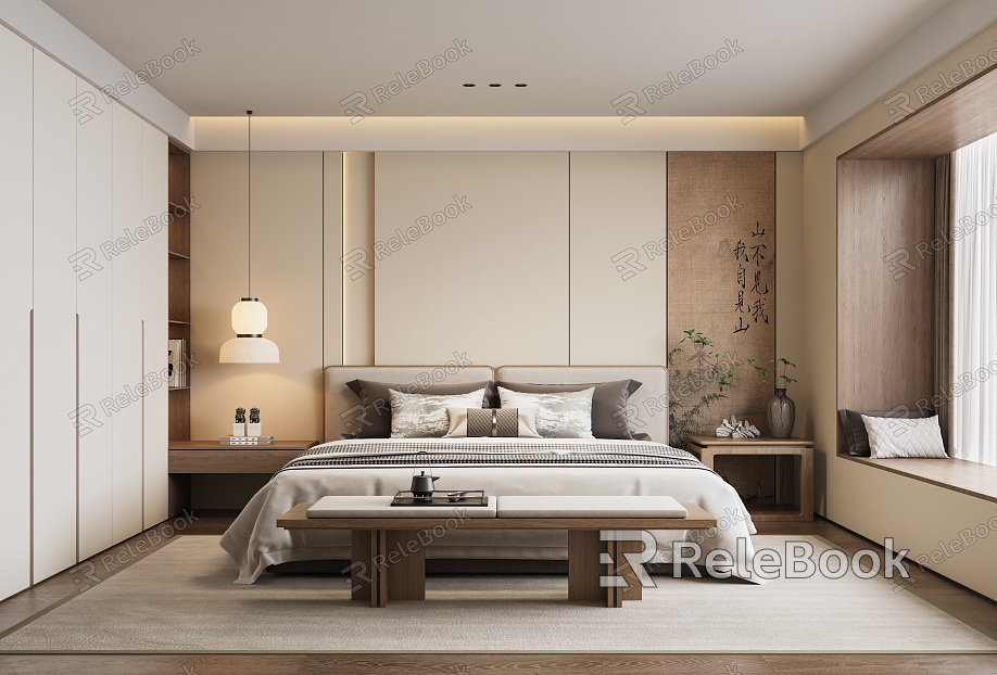 New Chinese Style Home Bedroom Song Dynasty Aesthetic Double Bed Bedside Background Wall Chandelier model