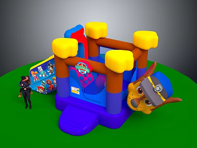 Colorful Inflatable Bounce House With Yellow Top Blue Brown Structure Puppy Design And Mat 3d model