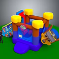 Colorful Inflatable Bounce House With Yellow Top Blue Brown Structure Puppy Design And Mat