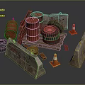 Practical Household Supplies With Red Barrels Grinding Wheels Traffic Cones And Wooden Planks